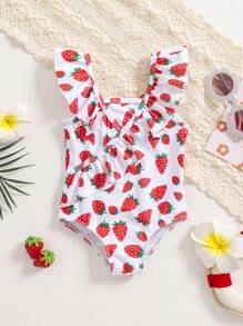 SHEIN Leap Crew Baby Girl Sweet Strawberry Ruffle Trim One-Piece Swimsuit, Summer - Pink - View 1