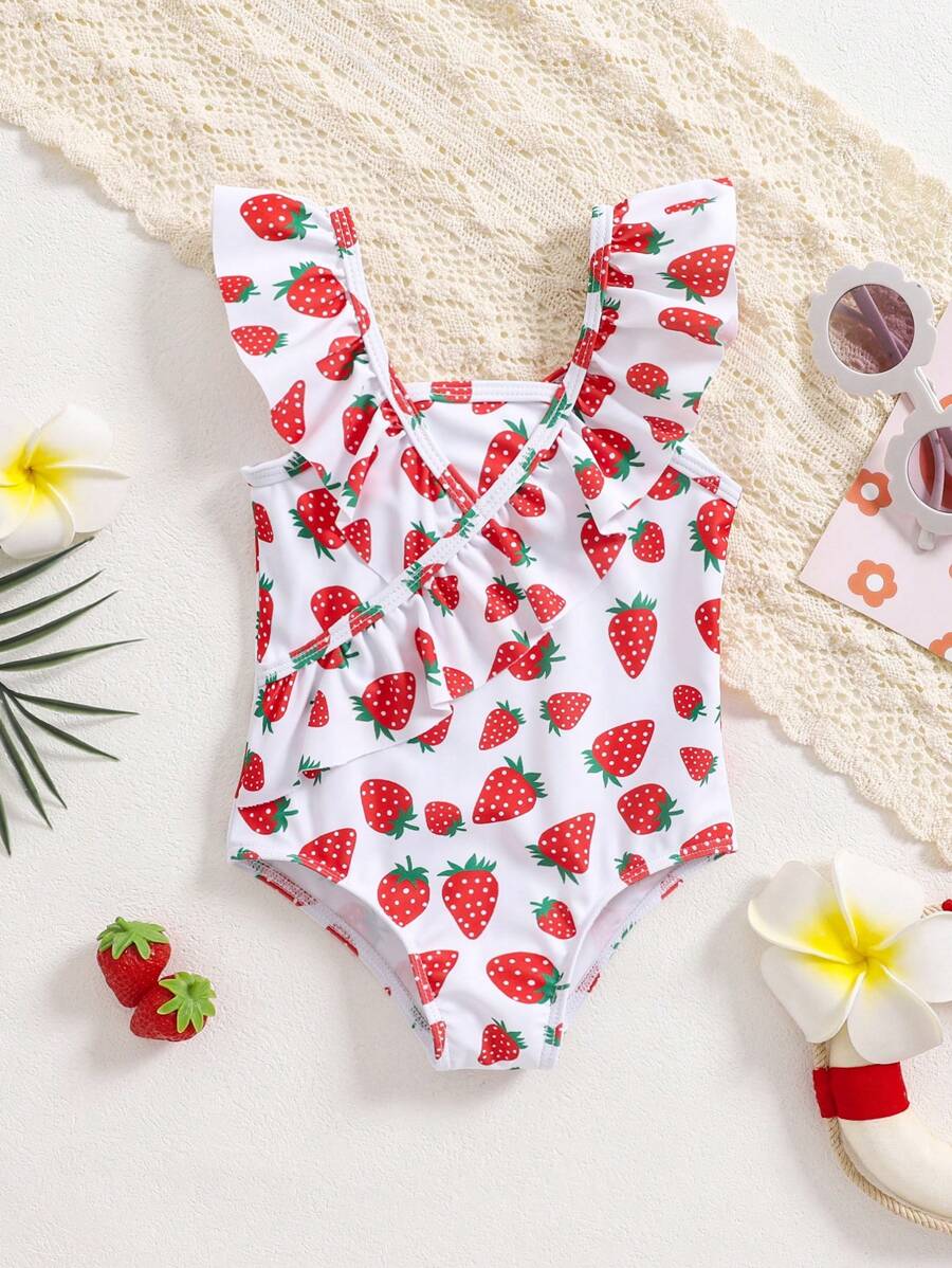 SHEIN Leap Crew Baby Girl Sweet Strawberry Ruffle Trim One-Piece Swimsuit, Summer - Pink - View 1