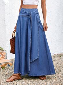 EMERY ROSE 女式牛仔裙休闲度假宽松长裙蓝色腰带蝴蝶结长裙休闲度假风春夏西服女节日裙波西米亚风牛仔女夏乡村 - 中等水洗藍 - 查看 5