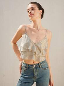 BELROSIE Metallic Satin Fabric Romantic Elegant Luxury Design Layered Ruffle Trim Camisole For Women - Gold - View 4