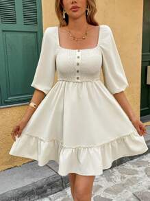 Chiquease Vestido corto de color albaricoque con cuello cuadrado, mangas 3/4 y diseño elegante casual para mujer de moda