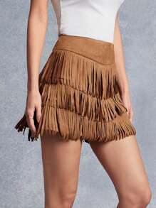 WESTFADE Váy ngắn xếp tầng tua rua giả da lộn kiểu phương Tây cạp cao cho buổi hòa nhạc đồng quê mùa hè - màu nâu - Xem 5