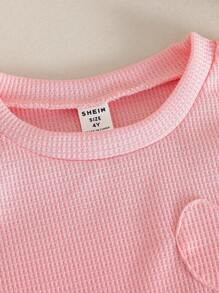 Genkimix Kids 两件套女童夏季休闲华夫格针织荷叶边袖上衣和短裤套装，可爱百搭 - 粉色 - 查看 8