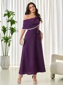 Modelyn Women's Long Asymmetrical Neckline Pearl Ribbon Elegant & Luxurious Banquet A-Line Dress - Red Violet - View 7