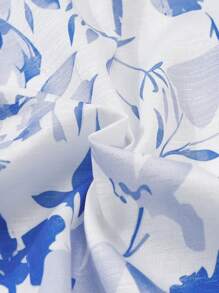 1 pieza Blusa casual de mujer con cuello mao, manga con volantes, dobladillo con volantes, cordón ajustable, estampado digital de hojas y flores en textura tejida de bambú, adecuada para salir y vacaciones en la playa (se vende por separado en sets de 3)