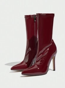 CUCCOO SZL Pointed Toe Elastic Stiletto High Heel Side Zip Patent Leather Sexy Skinny Glossy Ankle Boots For Spring Shoes Spring Break Easter For Christmas Spring Shoes Fall Shoes - Burgundy - View 5