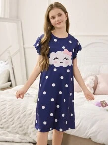 SHEIN Camisón de manga corta suave, azul, cómodo y bonito con estampado de nubes y lunares, para niñas - Azul - Ver 3