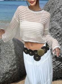 SHEIN EZwear Maglione a maniche lunghe lavorato a maglia da donna per spiaggia, casual e alla moda, adatto per uso quotidiano - Albicocca - Visualizzare 5