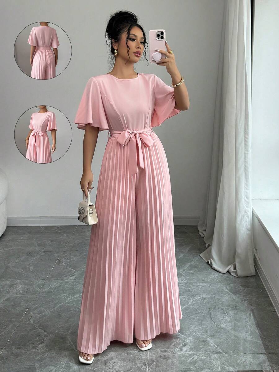 Elenzga 女士优雅时尚短袖圆领收腰蝴蝶结褶边阔腿连体裤 - 粉色 - 查看 1