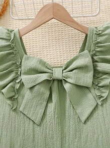 SHEIN Leap Crew Tween Girl 2 Pieces Set: Backless Bowknot Blouse With Ruffle Sleeves & Wide Leg Pants, Textured Fabric - Mint Green - View 7