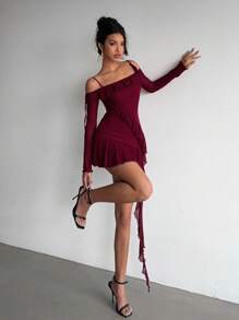 Aloruh 女士性感浪漫荷叶边修身酒红色度假/约会晚礼服优雅节日装女士浪漫连衣裙女士红色连衣裙 - 酒紅色 - 查看 6