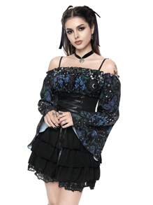 ROMWE Goth 女式太阳、月亮和花卉印花抽绳腰喇叭袖衬衫 - 彩色 - 查看 6