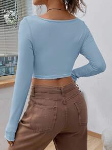 SHEIN EZwear 扭纹前部不对称下摆卡其色短款 T 恤