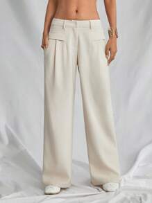 SHEIN Unity 1 quần dài vải lanh ống rộng cạp trễ màu mơ có túi phong cách Bohemian cho nữ, lễ hội âm nhạc - Màu be - Xem 7