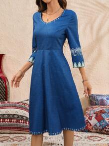 EMERY ROSE Women's V-Neck Printed Casual Dress, Simplistic For Everyday Wear