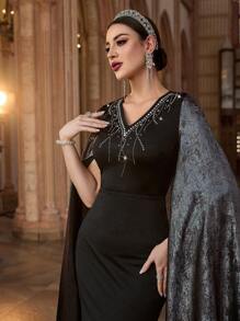 Modelyn Women's Long Sleeve Rhinestone Studded Elegant Arabian Dress - Black - View 1