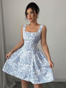 Elenzga Boho Backless Ditsy Floral Bowknot Tie Straps Square Collar Dress, Spring/Summer - Blue - View 4