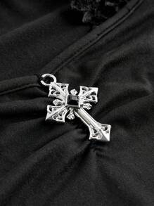 ROMWE Grunge Punk 哥特式吊坠柔和蕾丝拼接二合一圆领修身女式 T 恤 - 黑色 - 查看 3