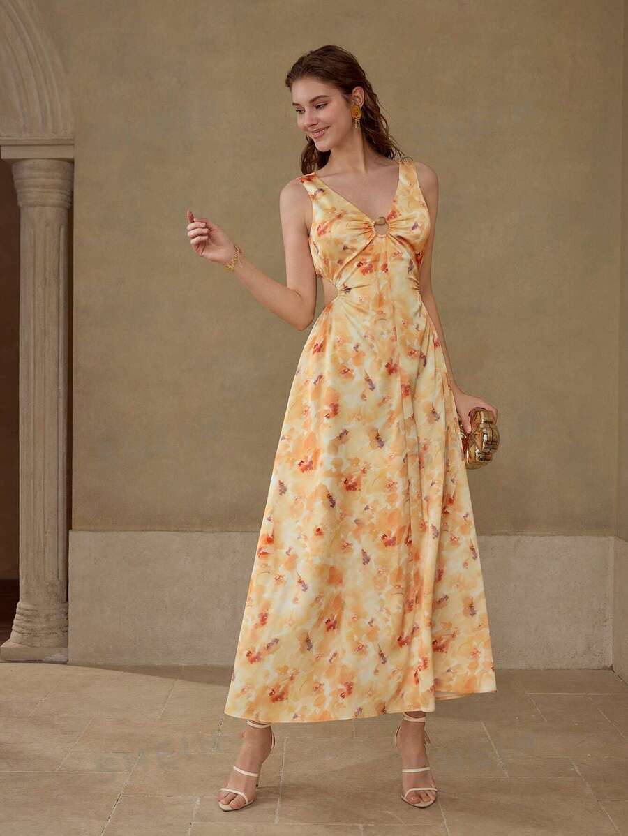 MOTF VESTIDO CON ESTAMPADO FLORAL Y RECORTES - Amarillo - Ver 1