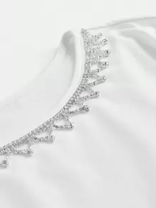 Maija Spring And Summer New Style White Metal Decorated Women's T-Shirt Tops, Urban, Modern And Elegant, Daily Casual Commuting, Suitable For Vacations, Holiday Parties, Weddings And Dates.