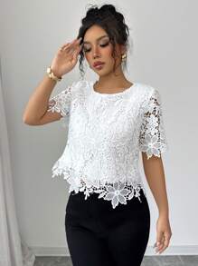 Elenzga Women's White Hollow Flower Designed Casual Top