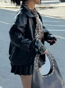 Women Plus Size Black Biker Girl Style Loose Long Sleeve Jacket, Autumn/Winter Fall Cloth For Women - Black - View 6