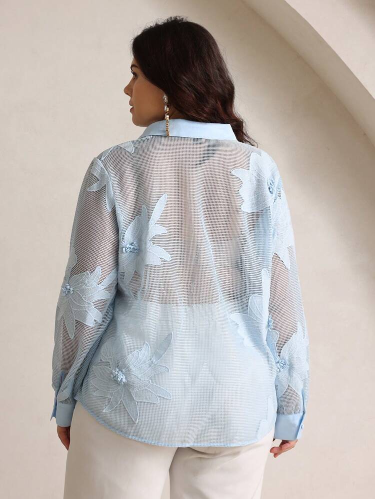 Ladies' Plus Size Heavy Craft Mesh Embroidery Premium Versatile Blue Long Sleeved Shirt Spring For Women
