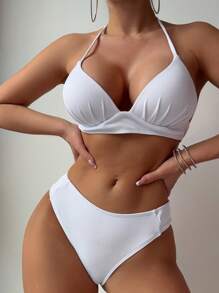 女士沙滩装夏季海滩度假装两件套：白色褶皱吊带上衣和比基尼泳裤，简约百搭泳装 - 白色 - 查看 1