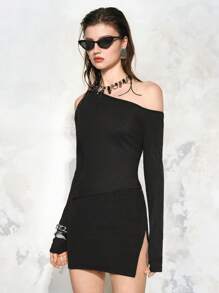 SHEIN LUNE Women's 2 Pieces Set Ribbed Knit Sexy Off Shoulder Uneven Hem Long Sleeve Top And Mini Sexy Skirt For Spring & Summer - Black - View 7