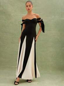 L'Amorae 夏季女装，优雅派对露肩黑白拼色拼接系带长裙，女式连衣裙，派对女式连衣裙，夏季女式连衣裙，优雅女式连衣裙，女式连衣裙，舞会礼服，正式女式连衣裙，长裙。适合日常穿着、约会之夜、音乐会、表演、派对、俱乐部 - 黑色 - 查看 1