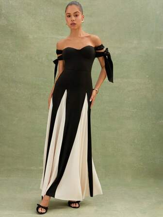 L'Amorae 夏季女装，优雅派对露肩黑白拼色拼接系带长裙，女式连衣裙，派对女式连衣裙，夏季女式连衣裙，优雅女式连衣裙，女式连衣裙，舞会礼服，正式女式连衣裙，长裙。适合日常穿着、约会之夜、音乐会、表演、派对、俱乐部