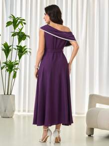 Modelyn Women's Long Asymmetrical Neckline Pearl Ribbon Elegant & Luxurious Banquet A-Line Dress - Red Violet - View 2