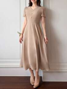xheDAZY Vestido elegante de verano de unicolor con escote en V, manga corta abullonada y largo hasta la pantorrilla para mujerxhe - Caqui - Ver 3