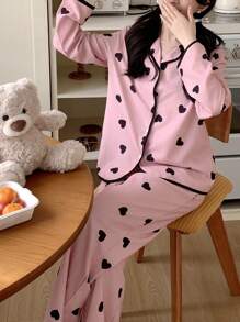 SHEIN 2 pièces Ensemble de pyjama de détente et confortable, Top à manches longues à ouverture avant avec imprimé cœur minimaliste et doux, et pantalon droit pour adolescentes