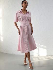 Aveloria Modichic Vintage Red & White Striped Long Dress With Loose Sleeves, Waist Ruched Pleats, Turndown Collar, Dress For Women