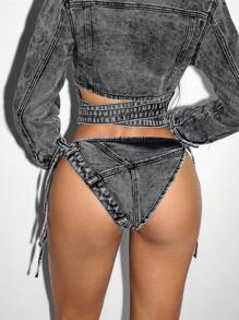 SHEIN Unity Shorts vaqueros estilosos y sexys con cordones laterales para mujeres - Negro - Ver 2