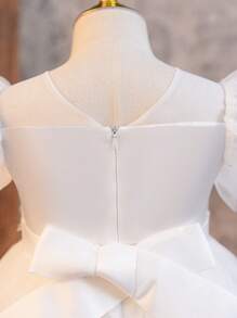 SHEIN Glamorique Kids 4 季女孩可爱度假和婚礼派对礼服，优质白色网眼花童宴会礼服，刺绣蓬松公主礼服 - 白色 - 查看 5