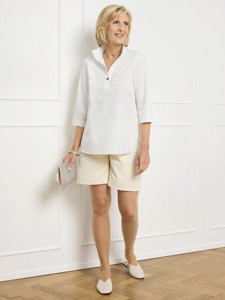 Women's Solid Color Turndown Collar 3/4 Sleeve Casual Loose Blouse