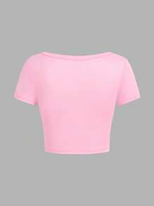 SHEIN EZwear 4 件套休闲简约图案圆领和方领修身短款短袖 T 恤女款，适合夏季 - 彩色 - 查看 8