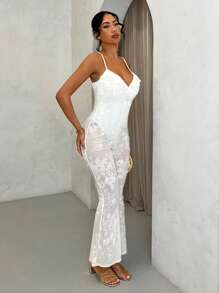SHEIN BAE 女士时尚优雅透明 V 领连体裤，带荷叶边饰边，适合度假、派对、浪漫约会、与朋友聚会、度假活动、鸡尾酒会、早春 - 白色 - 查看 1