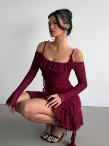 Aloruh 女士性感浪漫荷叶边修身酒红色度假/约会晚礼服优雅节日装女士浪漫连衣裙女士红色连衣裙 - 酒紅色 - 查看 1