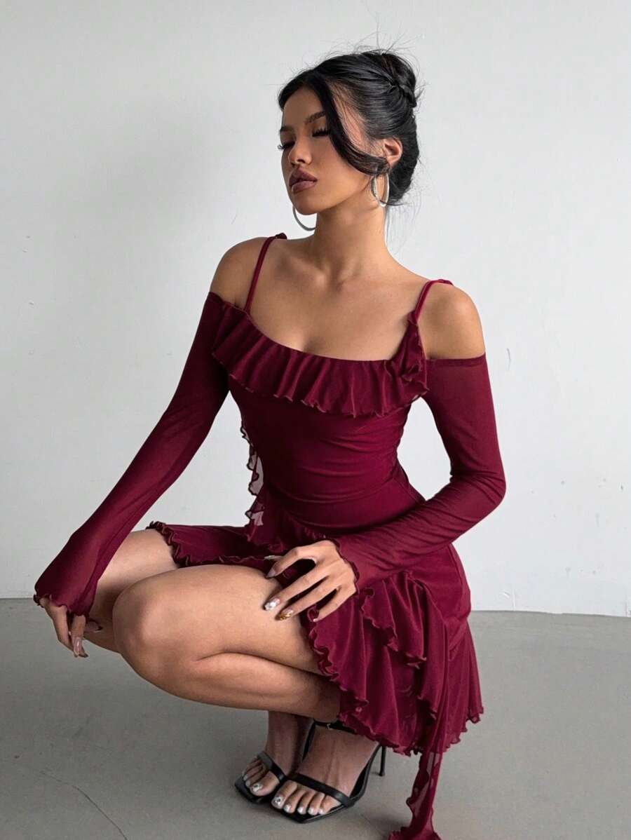 Aloruh 女士性感浪漫荷叶边修身酒红色度假/约会晚礼服优雅节日装女士浪漫连衣裙女士红色连衣裙 - 酒紅色 - 查看 1