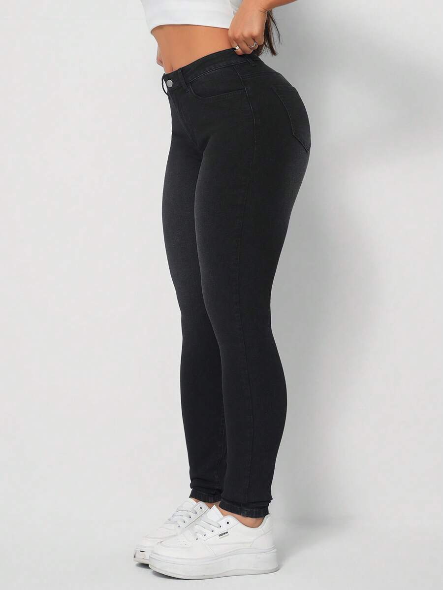 SHEIN Tall Mid-Rise Black Skinny Casual Versatile Women's Jeans - Black - View 1