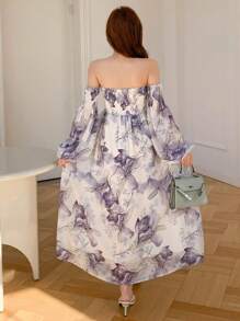 DAZY Vestido midi con estampado floral y escote hombros descubiertos para mujeres
