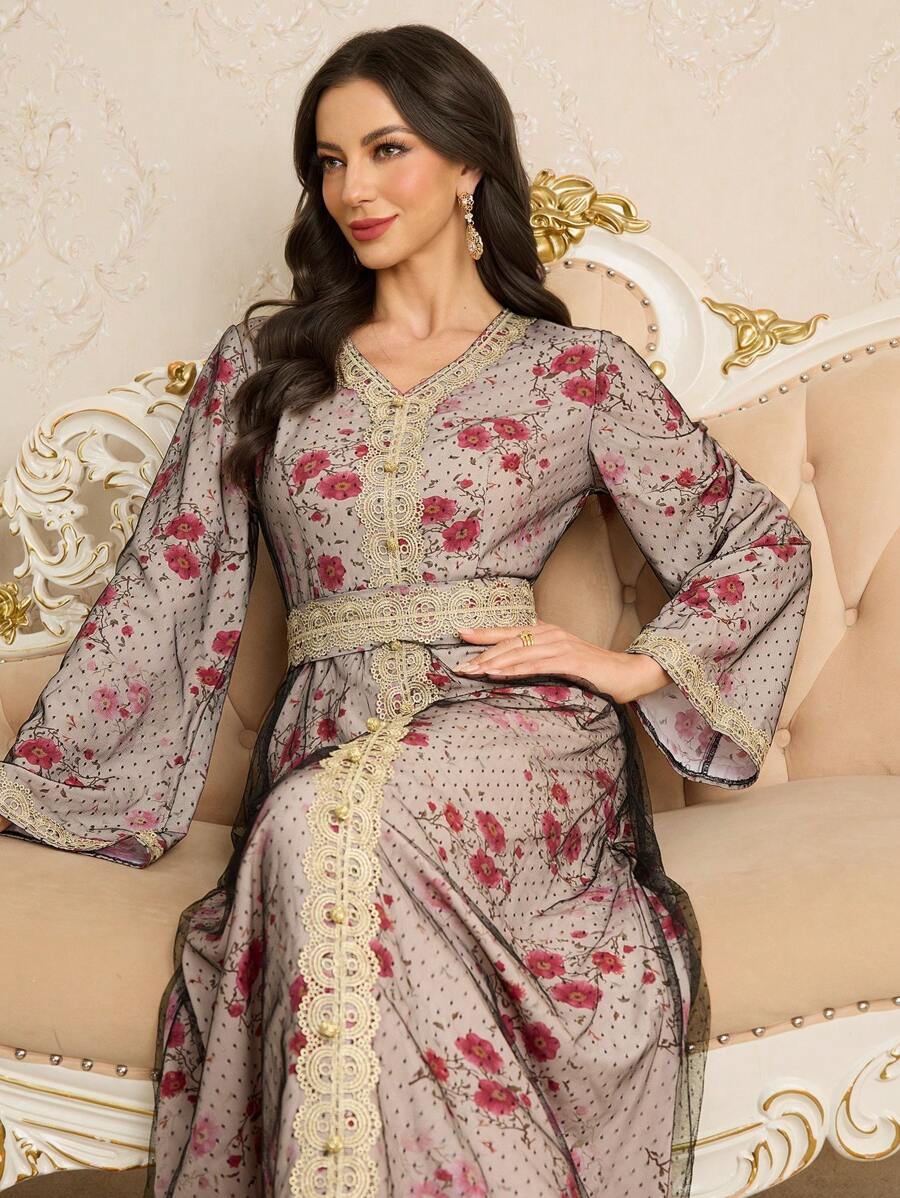 Al Najma 女士粉色花卉印花双层高腰长款素雅卡夫坦