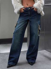 EURMUSE Women's Low Waist Frayed Edge Cargo Pocket Loose Wide Leg Jeans, Casual - Medium Wash - View 6