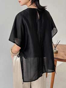 FRIFUL Women's Black Loose Drop Shoulder Shirt, Business Casual Summer - Black - View 6