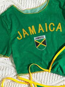 Swim Mod 3pcs Spring Break Women Swimsuit Set, Green Strap Top And Thong Bottoms, Casual Round Neck Short Sleeve Top, Festival Boho Bikini Swimwear Set - Green - View 5