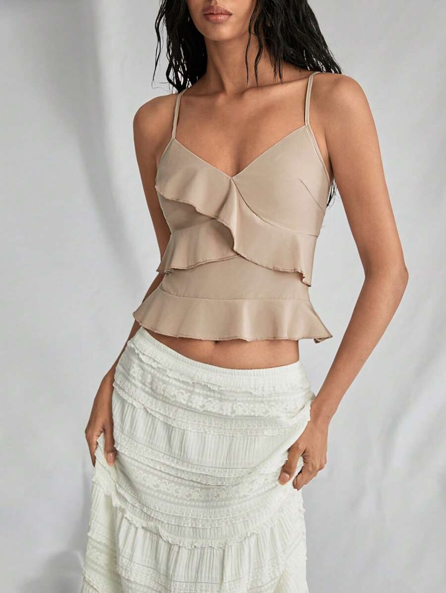 TRNVIE 1 件女式波西米亚风不对称开衩荷叶边宽松无袖背心，音乐节卡其色轻质面料 - 卡其色 - 查看 1