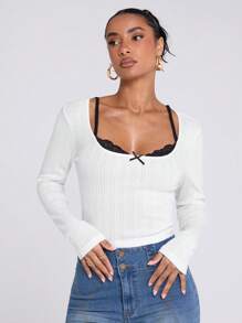 SHEIN BAE Women's Black And White Contrast Daily Casual Street Lace Long-Sleeved Bow Decoration Slim T-Shirt, Going Out Tops, Music Festival Wear - Grey - View 7